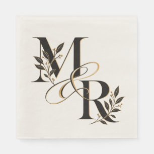 Elegant M & R Wedding Monogram Black Gold Floral Napkin