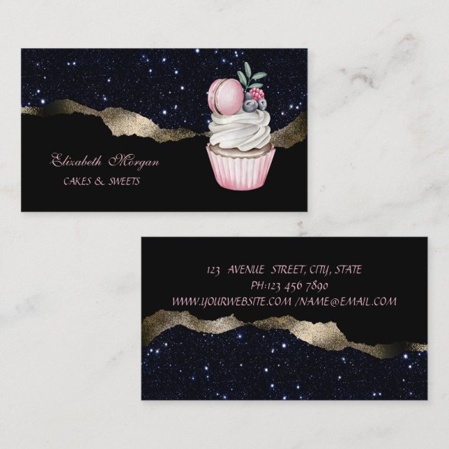  Elegant ,Macaroon Cupcake Bakery,Black Glitter Business Card (Front/Back)