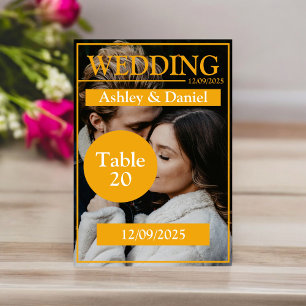 Elegant Magazine Cover Yellow Modern Photo Wedding Table Number