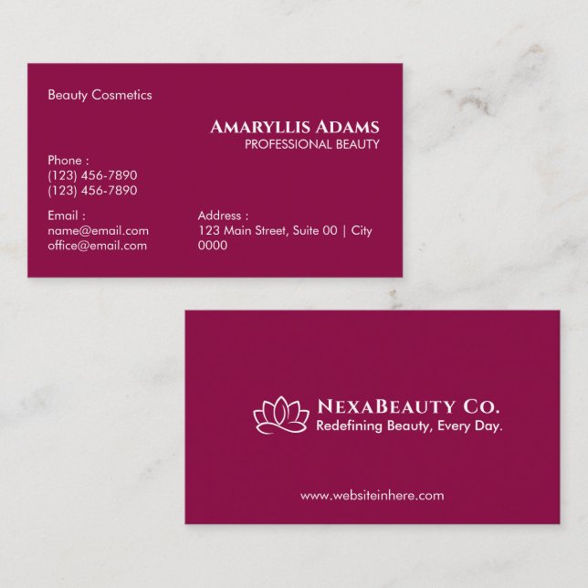 Elegant Magenta Beauty Cosmetics Esthetician Business Card (Front/Back)