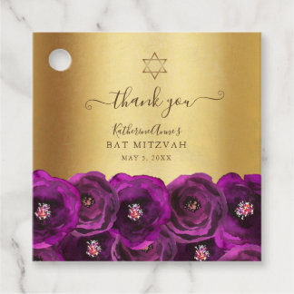 Elegant Magenta Floral Gold Bat Mitzvah Thank You Favour Tags
