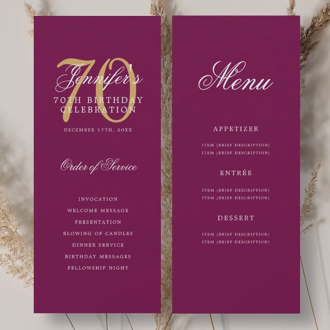 Elegant Magenta Gold 70th Birthday Program w/ Menu Invitation (Elegant Magenta Gold 70th Birthday Program w/ Menu)