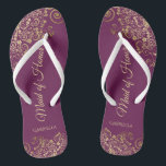 Elegant Magenta & Gold Lacy Maid of Honour Wedding Jandals<br><div class="desc">These beautiful wedding flip flops are a great way to thank and recognise your Maid of Honour while saving her feet at the same time. Features an elegant design with lacy golden frills on a cassis purple, magenta, or berry coloured background and fancy gold coloured script lettering. The test reads...</div>