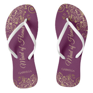 Elegant Magenta & Gold Lacy Maid of Honour Wedding Jandals