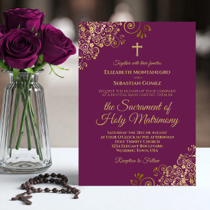 Elegant Magenta & Gold Modern Catholic Wedding Invitation