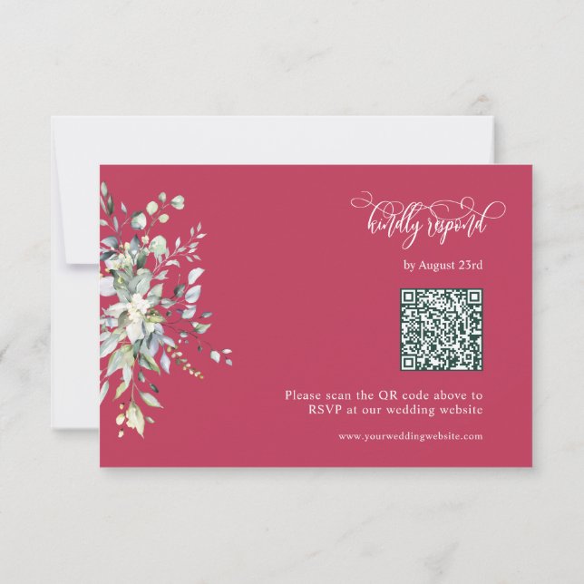 Elegant Magenta Green Leaves QR Code Response Card (Back)