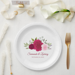 Elegant Magenta Hot Pink & Blush Roses Wedding Paper Plate
