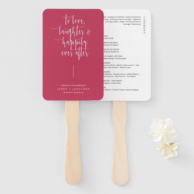 Elegant Magenta Minimalist Script Wedding Program Hand Fan (Front and Back)