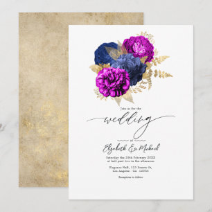 Elegant Magenta, Navy, and Gold Floral Wedding Invitation