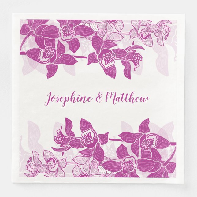 Elegant Magenta Orchid Floral Watercolor Wedding Napkin (Front)