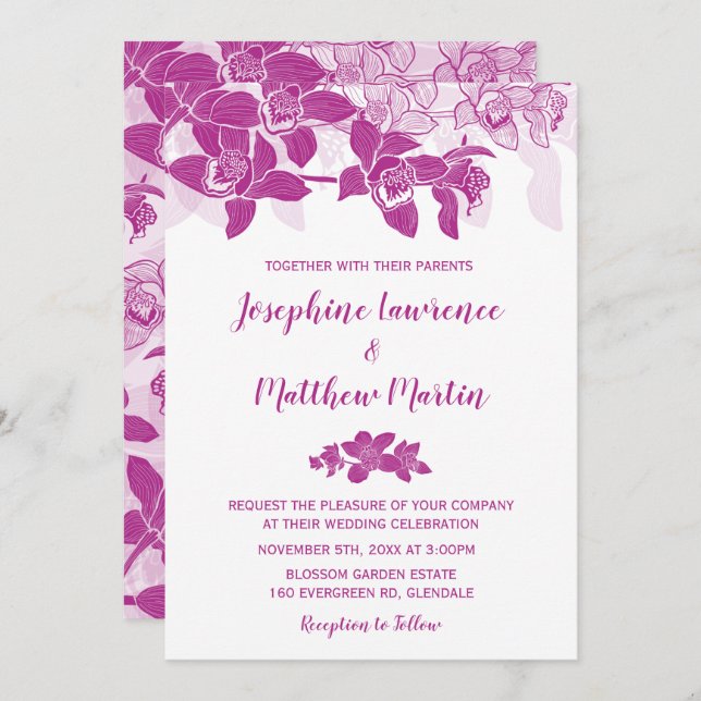 Elegant Magenta Orchids Wedding Invitation (Front/Back)