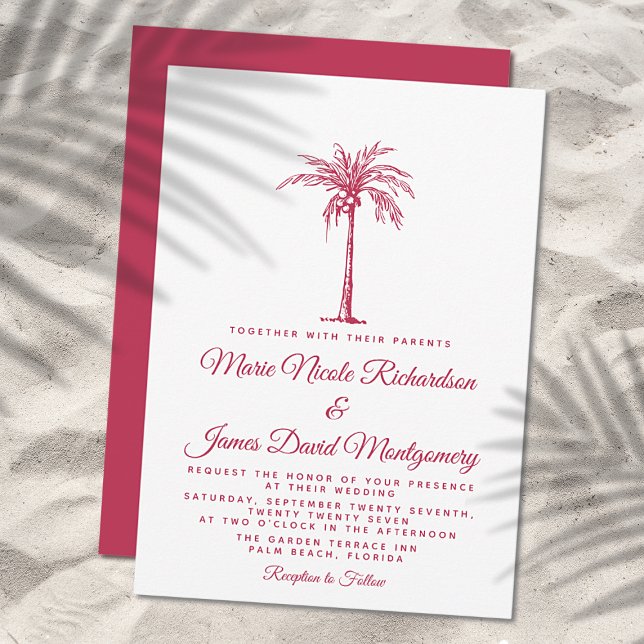 Elegant Magenta Palm Formal Beach Wedding Invitation (Creator Uploaded)