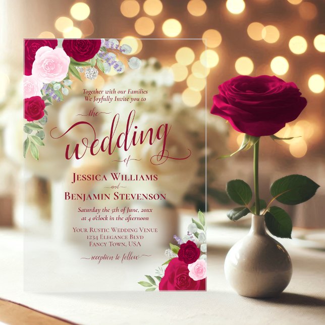 Elegant Magenta & Pink Boho Roses Fancy Wedding Acrylic Invitations (Clear Acrylic with Rectangle Cut)