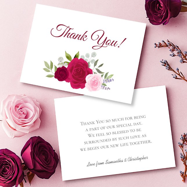 Elegant Magenta & Pink Boho Roses Wedding Thank You Card (Front/Back)
