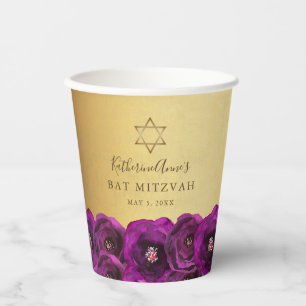 Elegant Magenta Pink Rose Floral Gold Bat Mitzvah Paper Cups