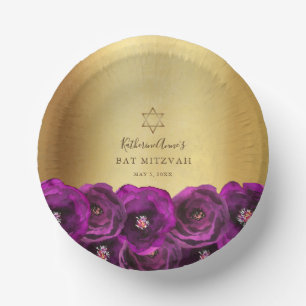 Elegant Magenta Pink Rose Floral Gold Bat Mitzvah Paper Plate