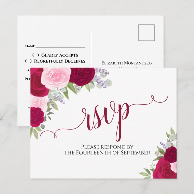Elegant Magenta Pink Watercolor Roses Wedding RSVP Postcard (Front/Back)