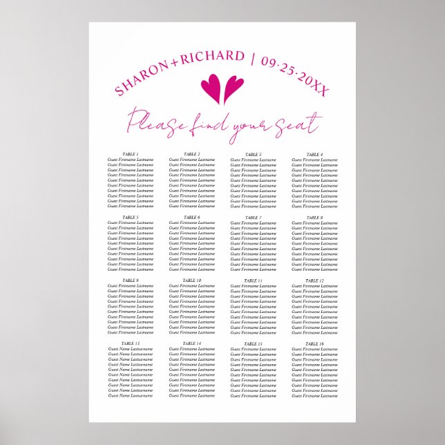 Elegant magenta pink wedding seating chart (Front)