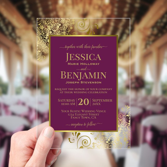 Elegant Magenta Plum & Gold Stylish Text Wedding Acrylic Invitations (Creator Uploaded)