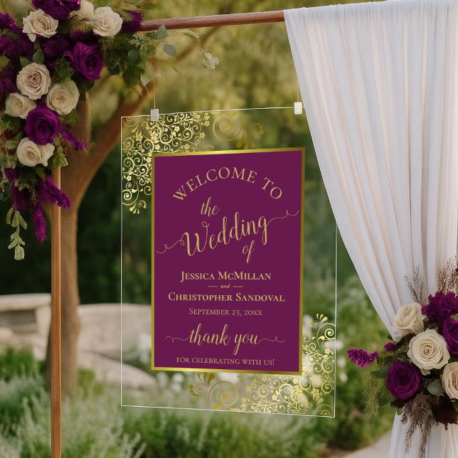 Elegant Magenta Plum & Gold Wedding Welcome Acrylic Sign (Creator Uploaded)