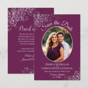 Elegant Magenta Plum & Silver Oval Photo Wedding Save The Date