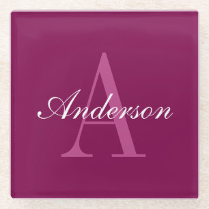 Elegant Magenta Red, Pink & White Name & Monogram Glass Coaster