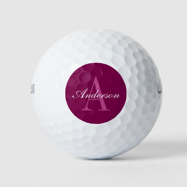 Elegant Magenta Red, Pink & White Name & Monogram Golf Balls (Front)