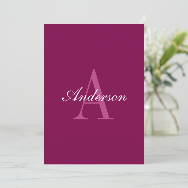 Elegant Magenta Red, Pink & White Name & Monogram Invitation (Standing Front)