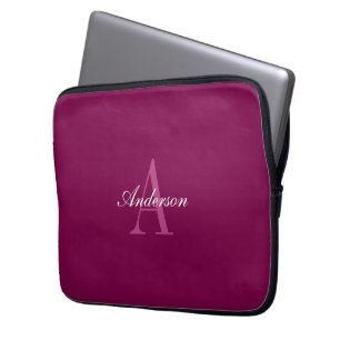 Elegant Magenta Red, Pink & White Name & Monogram Laptop Sleeve