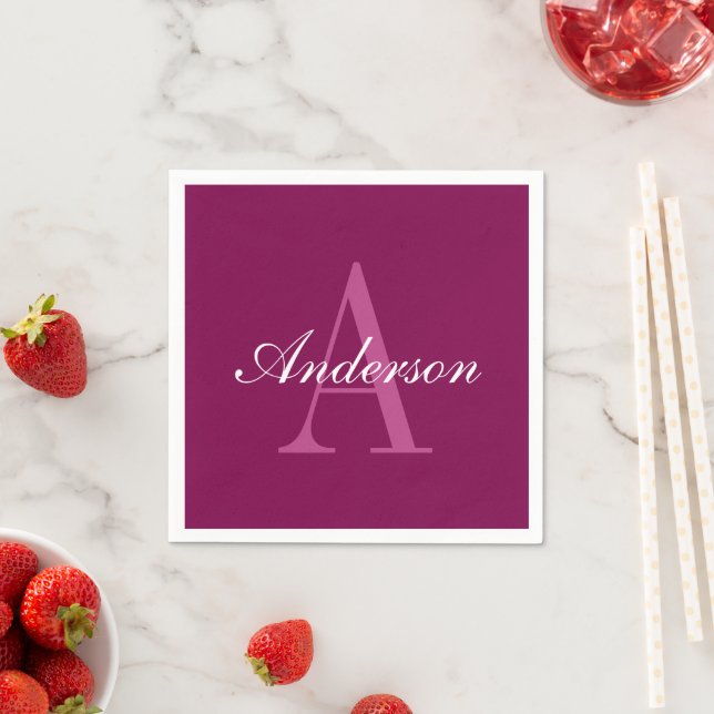 Elegant Magenta Red, Pink & White Name & Monogram Napkin (Insitu)
