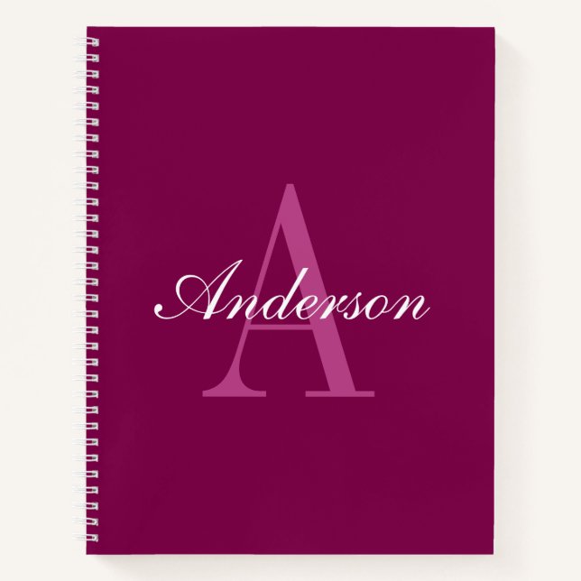 Elegant Magenta Red, Pink & White Name & Monogram Notebook (Front)
