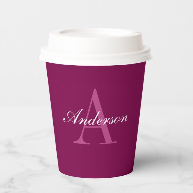 Elegant Magenta Red, Pink & White Name & Monogram Paper Cups (Front)