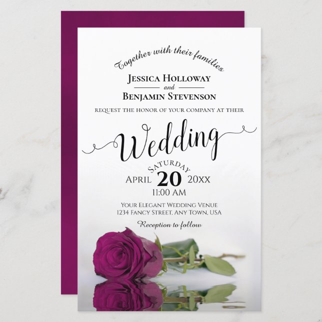 Elegant Magenta Rose BUDGET Wedding Invitation (Front/Back)