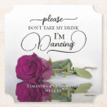 Elegant Magenta Rose Don't Take My Drink Wedding Paper Coaster<br><div class="desc">This wedding coaster is elegant, stylish, and fun! It features a photo of a single long-stemmed magenta, cassis purple, or berry coloured rose lying on its side mirrored in a pool of water. The text reads "Please don't take my drink, I'm dancing" written in modern script lettering. There is space...</div>