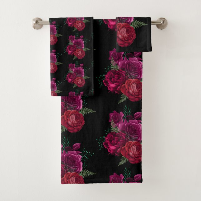 Elegant Magenta Rose Floral Bouquet  Bath Towel Set (Insitu)