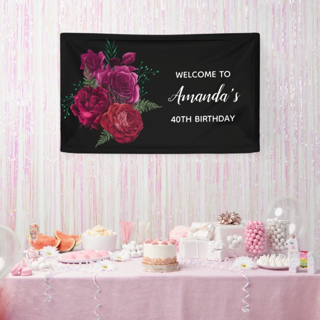 Elegant Magenta Rose Floral Bouquet Birthday Banner (Party)