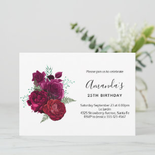  Elegant Magenta Rose Floral Bouquet Birthday Invitation