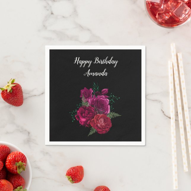 Elegant Magenta Rose Floral Bouquet Birthday Napkin (Insitu)