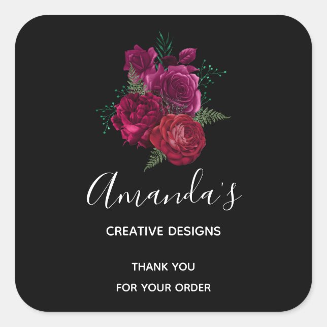 Elegant Magenta Rose Floral Bouquet Business Square Sticker (Front)