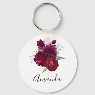 Elegant Magenta Rose Floral Bouquet Key Ring