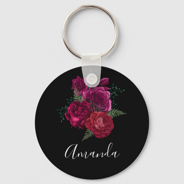 Elegant Magenta Rose Floral Bouquet Key Ring (Front)