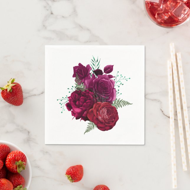 Elegant Magenta Rose Floral Bouquet Napkin (Insitu)