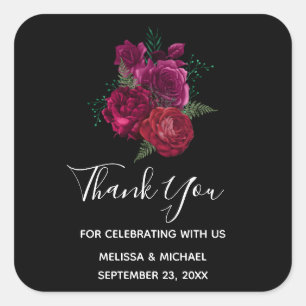 Elegant Magenta Rose Floral Bouquet Thank You Square Sticker