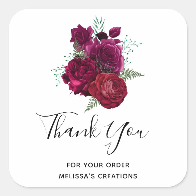 Elegant Magenta Rose Floral Bouquet Thank You Square Sticker (Front)