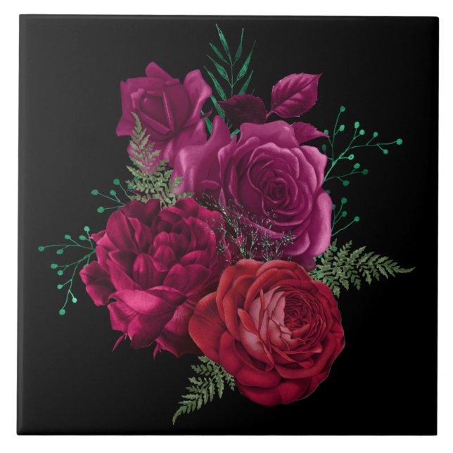 Elegant Magenta Rose Floral Bouquet  Tile (Front)