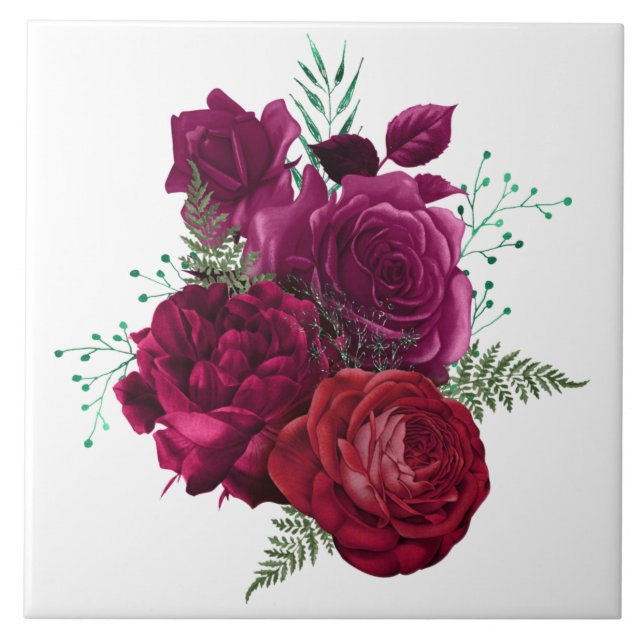 Elegant Magenta Rose Floral Bouquet Tile (Front)