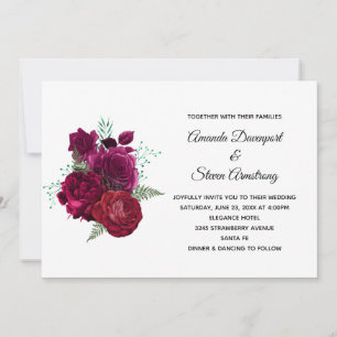 Elegant Magenta Rose Floral Bouquet Wedding Invitation