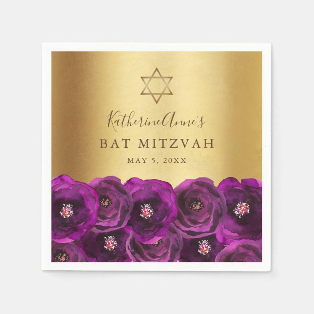 Elegant Magenta Rose Floral Gold Bat Mitzvah Napkin (Front)