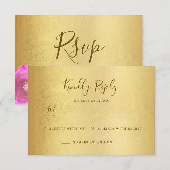 Elegant  Magenta Rose Floral Gold Bat Mitzvah RSVP Card (Front/Back)