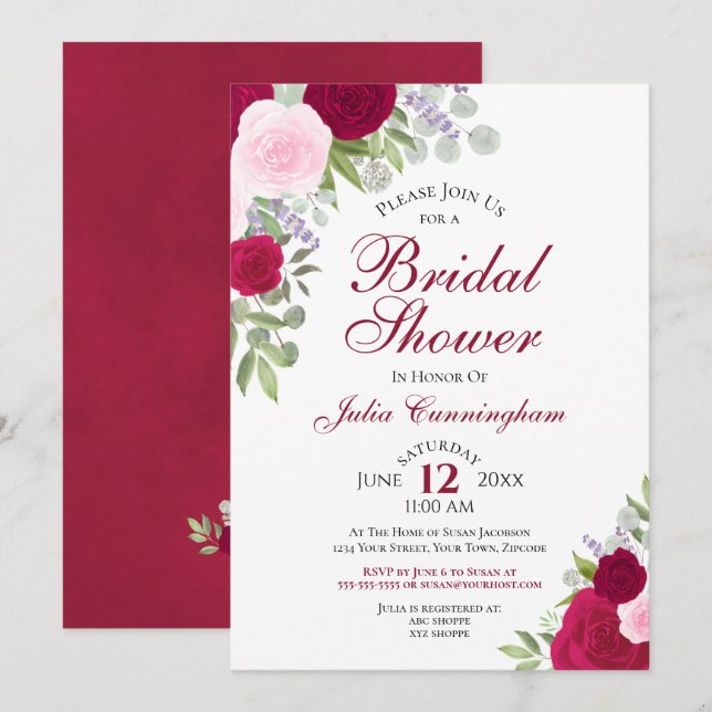 Elegant Magenta Watercolor Floral Bridal Shower Invitation (Front/Back)